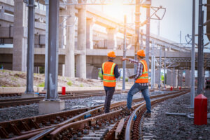 Workers in high visibility in a railyard