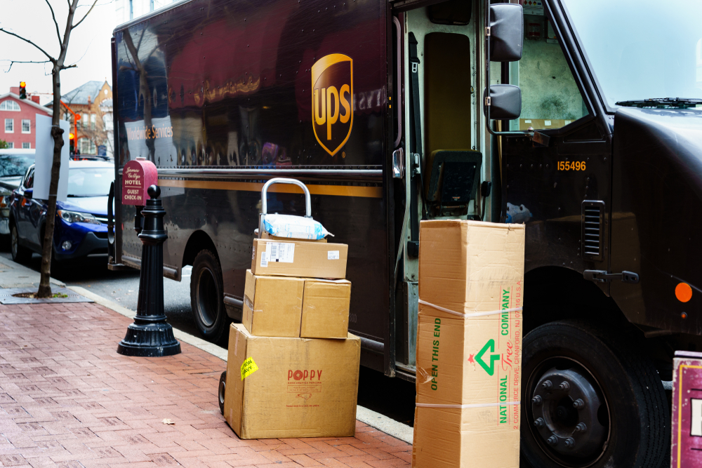 UPS Truck Unloading onto city sidewalk