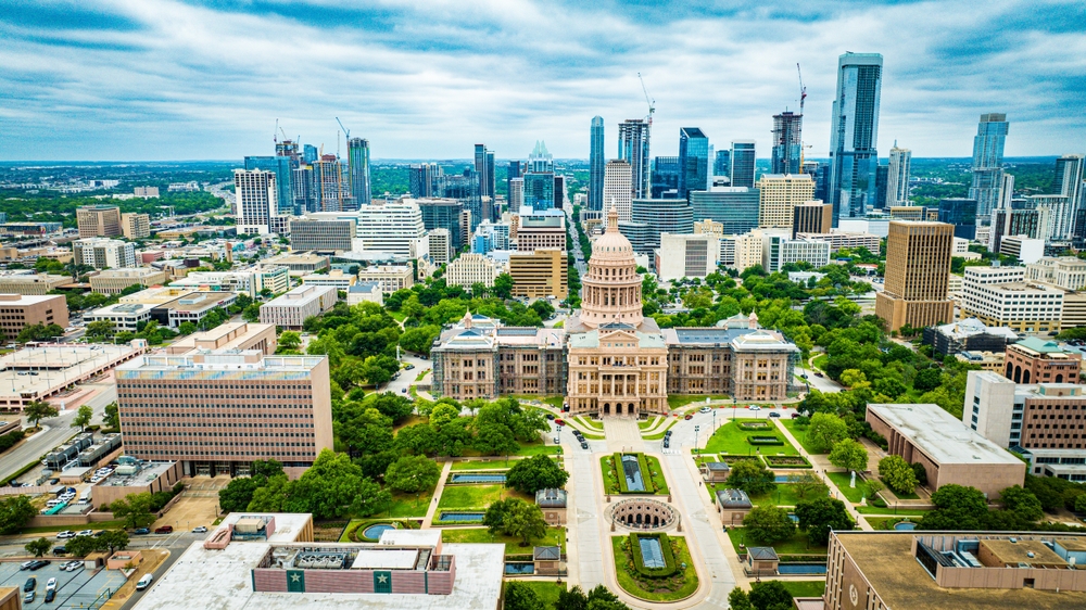 Aeriel view of the Austin, TX downtown skyline